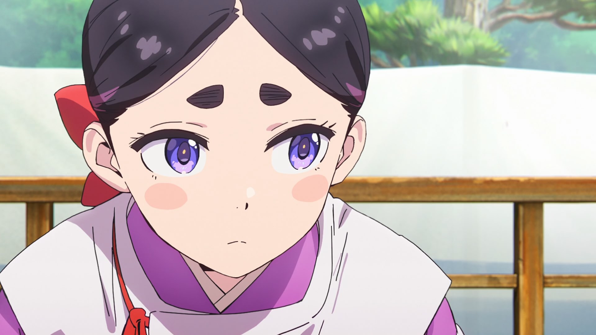 Oniyasha sulking a bit, dressed in hsi theatre costume, with long black hair, purple eyes and thick, triangular eyebrows